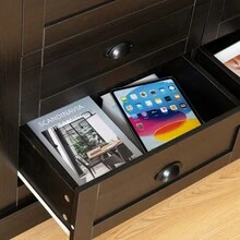 Drawer Dresser Cabinet, Sideboard, Bar Cabinet, Buffet Server Console, Table Storge Cabinets, Metal Handle In The Shape Of A Silver Shell, For Dining Room, Living Room, Bedroom, Kitchen Hallway, Color:Dark Gray - 深灰色+實木+美式設計如圖 - 查看 8