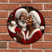 复古圣诞老人和圣诞夫人金属标牌 - 8 英寸 X 8 英寸金属墙面艺术，非常适合家庭、酒吧或户外空间装饰 - 独特的礼物创意、随机孔位置设计、家居装饰、房间装饰、墙面装饰 - 彩色 - 查看 4