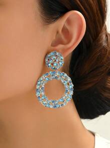 1 Pair Fashionable Hollow Round Crystal Stud Earrings, Suitable For Daily Wear - Baby Blue - View 4