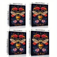 1pc Colorful Plant Flowers And Bee Canvas Art Printing Poster - Canvas Wrapped Framed - Gothic Floral Wall Decoration Ideal For Bedroom, Hallway, Office, Living Room Home Decoration, Wall Art Decoration