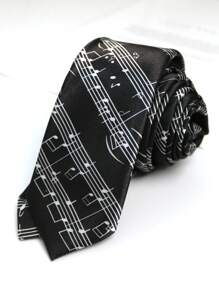 1pc Black & White Piano Keyboard & Music Note Print Necktie, Suitable For Casual, Street Style, Party - Multicolor - View 3