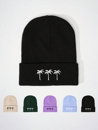 1pc Printed 3 Coconut Tree Knit Hat, Outdoor Street Windproof Knit Cap, Casual Versatile Winter Warm Beanie Suitable For Daily Commute