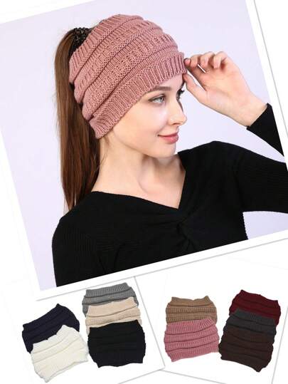 1pc Solid Knit Hat  Autumn And Winter Ladies Knitted Headband Widened Face Wash Head Cover Empty Top Ponytail Wool Hat