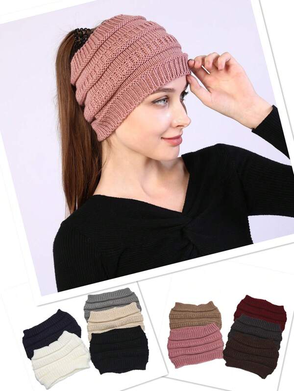 1pc Solid Knit Hat  Autumn And Winter Ladies Knitted Headband Widened Face Wash Head Cover Empty Top Ponytail Wool Hat