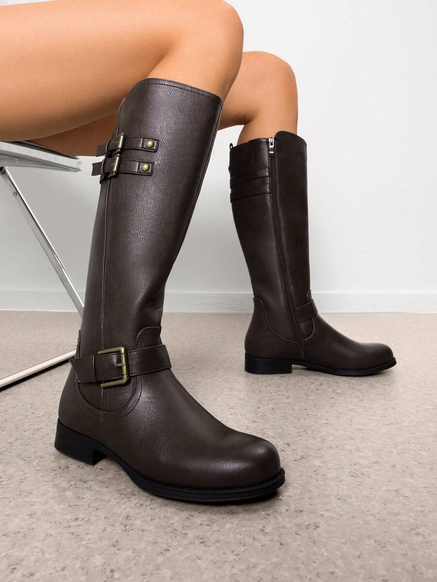Women's Motorcycle Riding Boots Low Chunky Heel Flat Knee High Boots Comfortable Buckle Side Zipper Pirate Boots For Women - 棕色 - 查看 1
