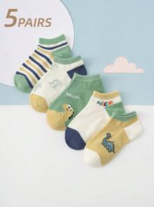 5 Pares De Calcetines Cortos Diarios Unisex Con Patrón De Dinosaurio Con Lindas Letras Y Rayas A La Moda