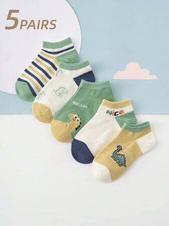 5pairs Unisex Cute Letter Stripe Dinosaur Pattern Fashionable Daily Short Socks