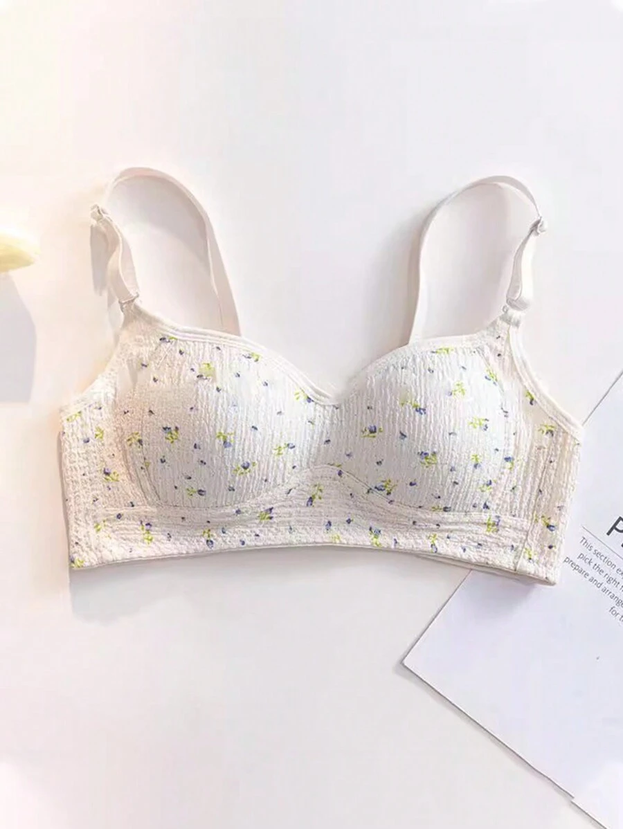 1 件装白色花卉图案无钢圈运动文胸，适合青少年和女孩，AB 罩杯