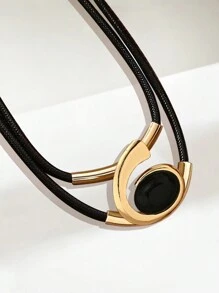 1pc New Versatile Acrylic Oval Pendant Necklace, Punk Style, For Autumn And Winter - Yellow Gold - View 2