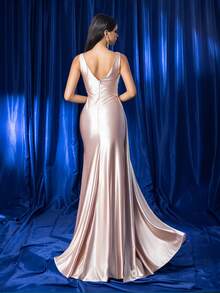 Elegantes luxuriöses besticktes paillettenbesetztes champagnerfarbenes Abendkleid für Partybankett, formelle Anlässe Frauen, Ballkleid, für Hochzeitsgäste, Abschluss, Dinner - Champagnerfarben - Übersicht 2