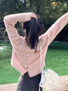 Colorblock Plaid Round Neck Long Sleeve Casual Cardigan For Women, Spring/Autumn - Pink - View 3