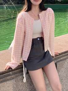 Colorblock Plaid Round Neck Long Sleeve Casual Cardigan For Women, Spring/Autumn - Pink - View 1
