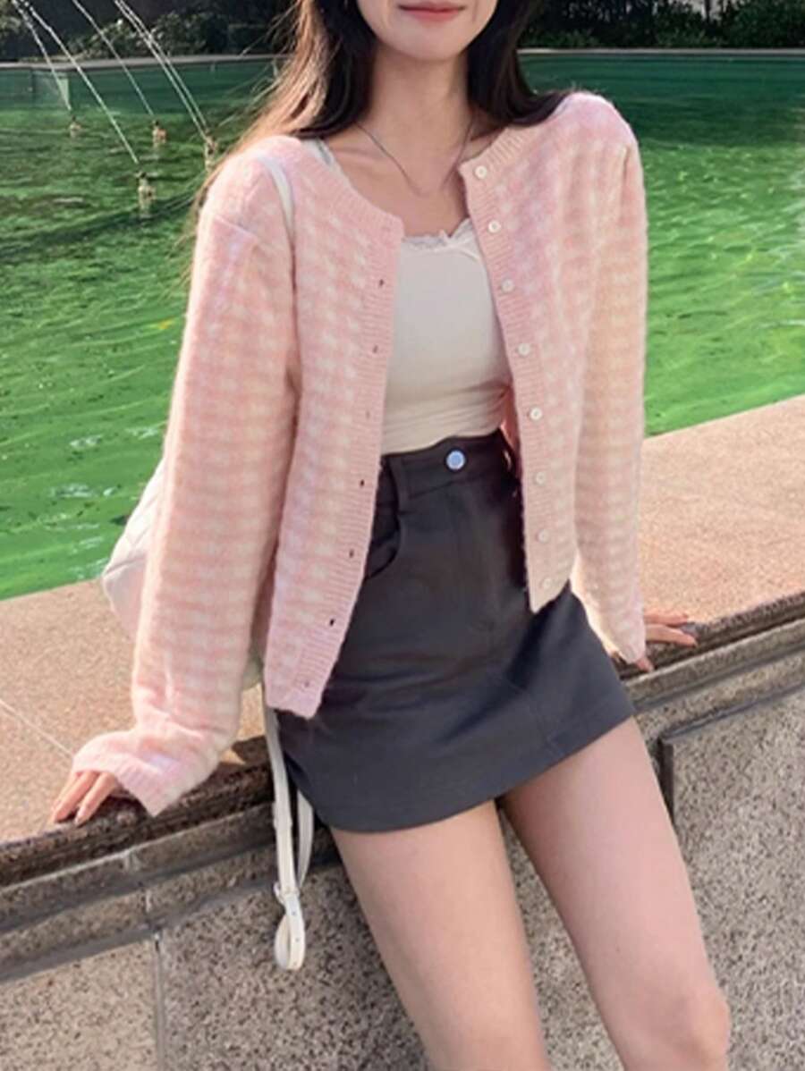 Colorblock Plaid Round Neck Long Sleeve Casual Cardigan For Women, Spring/Autumn - Pink - View 1