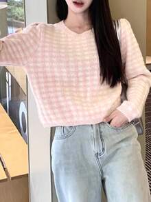 Colorblock Plaid Round Neck Long Sleeve Casual Cardigan For Women, Spring/Autumn - Pink - View 2