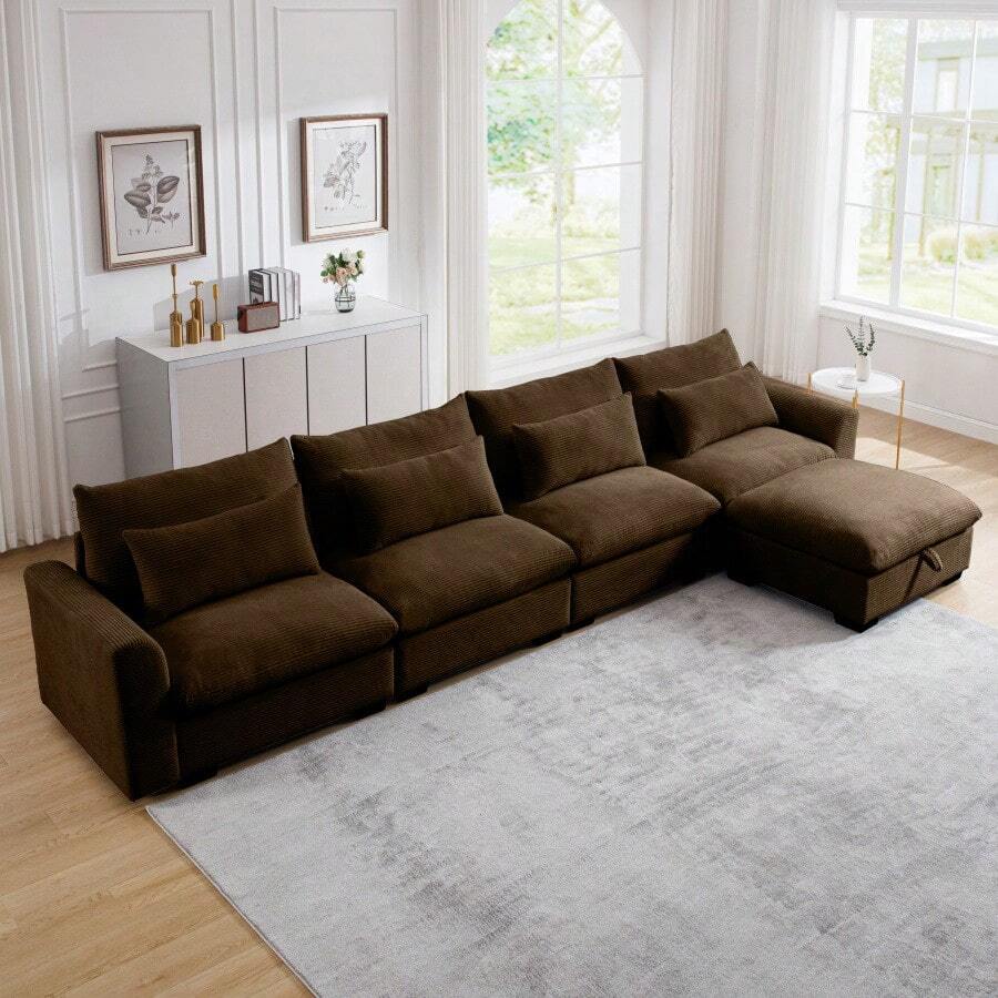Large L Shape Sectional Corduroy Sofa, Deep Seat Couch With Storage