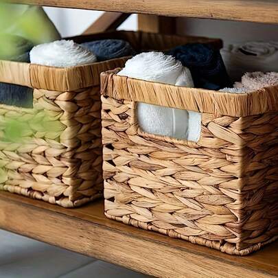 1pc Wicker Woven Storage Basket With Built-In Handle, Rattan Woven Organizer Basket For Shelves, Room Decor, Home Organization And Storage, Lightweight Durable Decorative Bin For Living Room And Bedroom, Breathable Construction, Multi-Purpose Closet Pantry Bathroom Vanity Desk Shelf, Keeps Cosmetics Toys Magazines Towels And Accessories Neatly Arranged, Perfect Gift Idea For Dorm Room Or Home Organization Enthusiasts