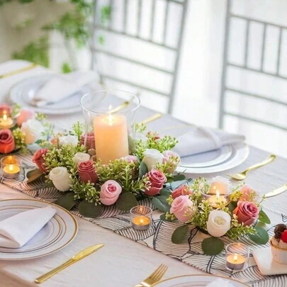 1 件假花植物叶蜡烛环，人造丝绸玫瑰花植物花环蜡烛台，塑料小花农舍花环，用于婚礼布置、新娘花束、餐桌中心装饰、花园、庭院、生日、淋浴装饰、美学房间装饰、教室、办公室、阳台、购物中心装饰、返校用品、感恩节圣诞节节日必需品礼物