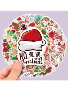 圣诞装饰 50 件圣诞树雪花冬季涂鸦贴纸用于吉他、笔记本、行李箱、电脑、摩托车和滑板的个性化装饰，形状随机 - 彩色 - 查看 3