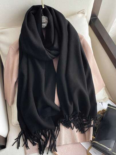 1pc Women Solid Black Thickened Scarf, Plush Wool Double-Sided Imitated Cashmere Scarf, Elegant And Fashionable, Couple Shawl Scarf, Versatile And Warm, Suitable For Daily Use In Autumn And Winter