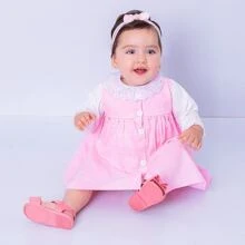 Mundo Nina Kids Baby Girl Pink Dress 2 - 18 Months Long Sleeve Luxury 3 Pieces 100% Cotton Tricoline - 淺粉色 - 查看 2