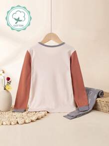 男童卡通动物印花保暖内衣套装，适合春秋季的保暖睡衣 - 棕色 - 查看 2