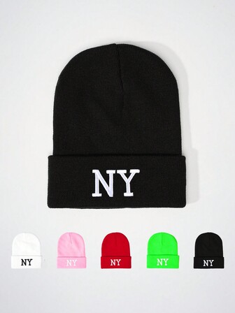 1 pieza Gorro de punto bordado con NY, gorro de punto cálido para exteriores y calle, gorra de invierno versátil y casual a prueba de frío, adecuada para el transporte diario de hombres y mujeres