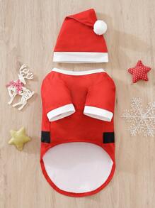 圣诞红色圣诞老人服装连帽衫，适合小型宠物狗猫，秋冬季