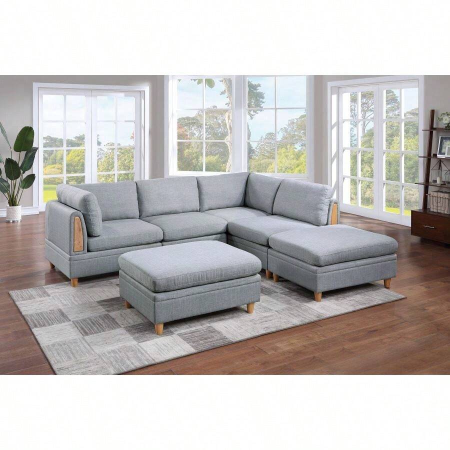 Living Room Furniture 6pc Modular Sofa Set Light Grey Dorris Fabric