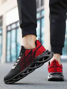 Giày thể thao nam thời trang lưới dệt kim họa tiết chấm bi và sọc, giày chạy bộ buộc dây đế xương cá rỗng nhẹ thoải mái đa năng - đen đỏ - Xem 8