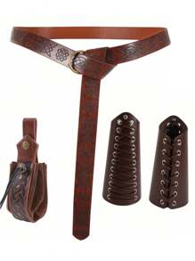 Bộ phụ kiện trang phục Halloween 4PCS Thắt lưng hiệp sĩ thời Trung cổ Phục hưng Viking Đạo cụ cosplay cổ điển Bộ thắt lưng da - màu nâu - Xem 1