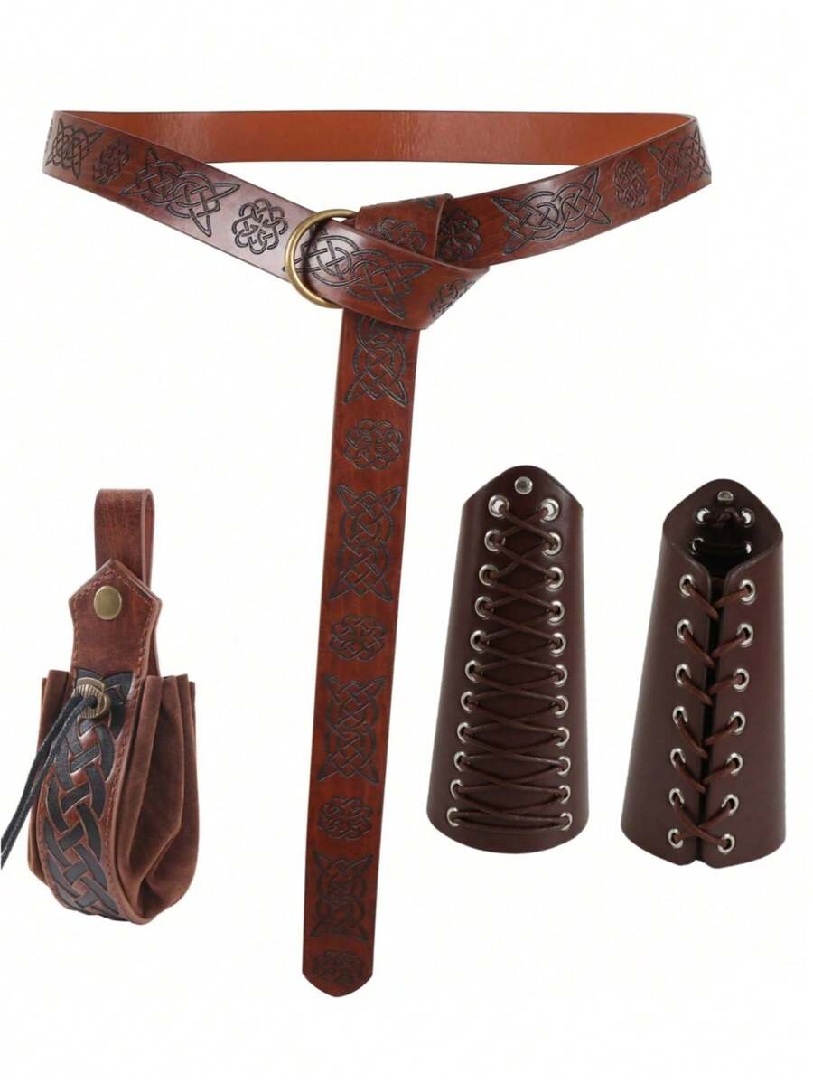 Bộ phụ kiện trang phục Halloween 4PCS Thắt lưng hiệp sĩ thời Trung cổ Phục hưng Viking Đạo cụ cosplay cổ điển Bộ thắt lưng da - màu nâu - Xem 1