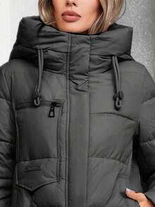 GASMAN 1pc Solid Color Hooded Casual Padded Coat, Winter - Black - View 8