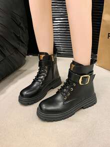 Botas de moda y versátiles 2024 de suela gruesa negras para mujer, decoración con cordones y hebillas, botas negras de media pantorrilla, para primavera y otoño - Negro - Ver 3