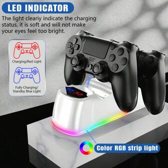 P4 控制器充电站，升级版 2 小时充电芯片 P4 控制器充电底座带充电指示灯和氛围灯，适用于 P4 Dualshock 控制器的替换充电器