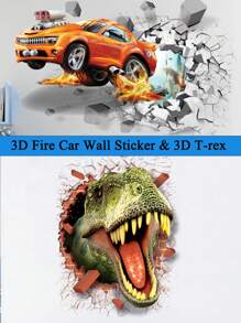 1 件自粘式可移除 3D 立体汽车、篮球、恐龙墙贴套装
