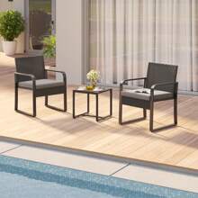 3 Pieces Patio Bistro Set,  Wicker Outdoor Patio Furniture Set, Rattan Conversation Patio Chairs With Glass Table, Furniture Set With Cushion For Balcony, Front Porch, Garden, Poolside
