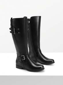 Women's Motorcycle Riding Boots Low Chunky Heel Flat Knee High Boots Comfortable Buckle Side Zipper Pirate Boots For Women - 黑色 - 查看 5
