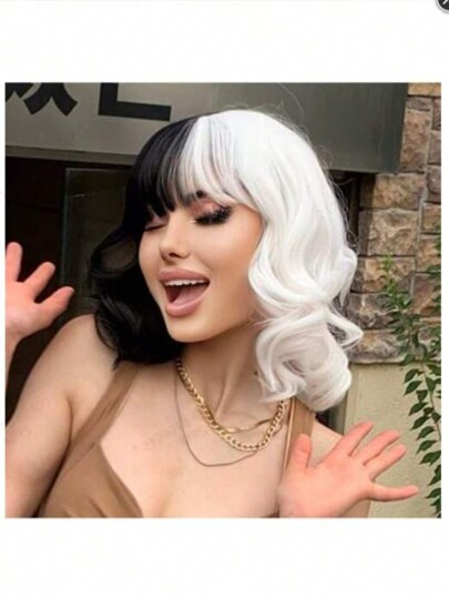 شعر كابوشون أبيض وأسود نصفي مقاوم للحرارة قصير منتفخ للملابس التنكرية