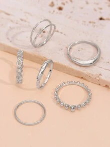 6 件装简约优雅欧式时尚编织双层奢华日常戒指套装女士 - 銀色 - 查看 4