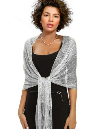 Silver Sparkling Metallic Shawl Without Round Buckle Elegant Thin Breathable Tassel Scarf Women's Party Banquet Dress Outside Shawl