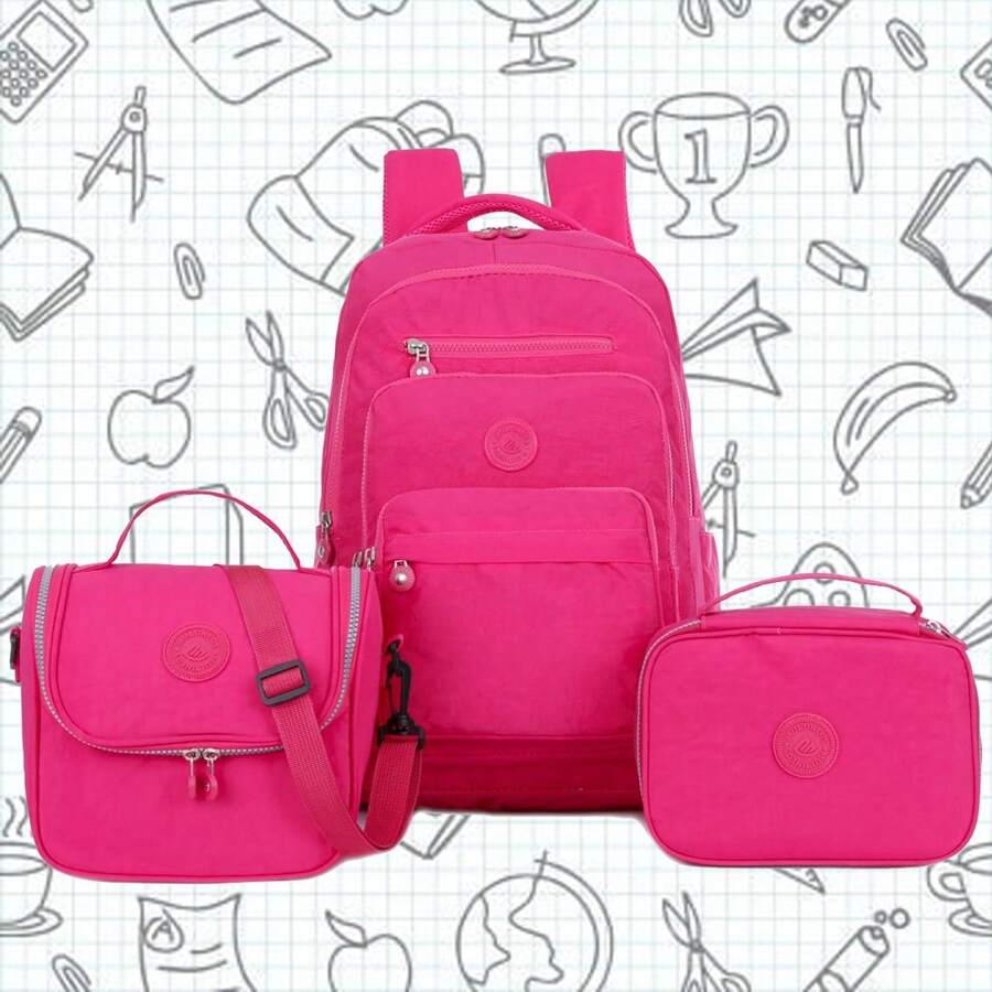 Europelle Tactel Women's School Backpack Kit Beautiful Kipiling Style Waterproof Resistant Notebook + Lunch Box + Pencil Case - 玫紅色 - 查看 1