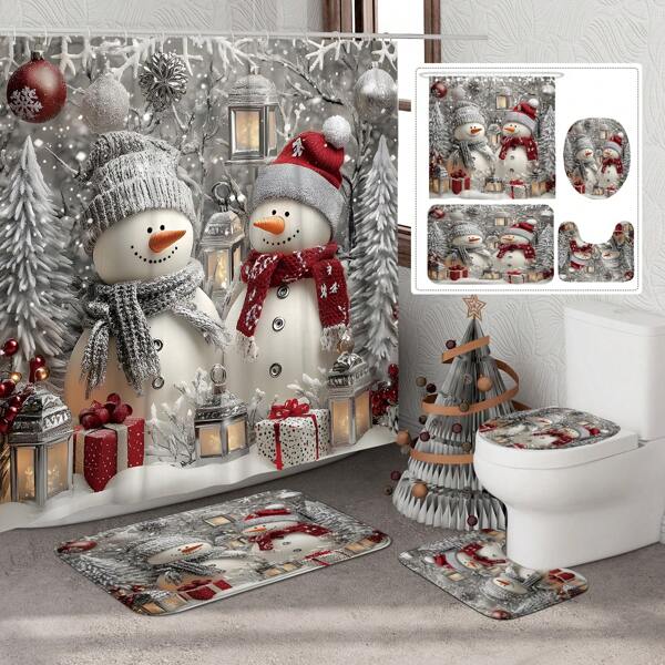 1/4pcs Christmas Winter Snowman Ball Gift Tree Cute White Red Shower Curtain Set With Shower Curtain And Rugs Polyester Waterproof Machine Washable For Xmas Bathroom Or Shower Decor With 12 Hooks Non-Slip Bath Mat U-Shape Toilet Lid Cover Mat Home Bathroom Decor Summer Bathroom Accessories Back To School
