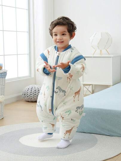 Children Cotton Quilted Warm Sleep Sack For Autumn Winter Infant Toddler Kids Long Sleeve Split Leg Cartoon Printed Sleeping Bag Pajamas