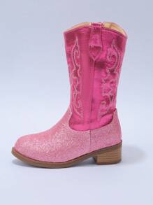 Um Par de Botas para Meninas - Botas de Cowboy Ocidentais Bordadas de Cano Alto/Média Altura, Bico Fino, Zípers Laterais, Saltos
