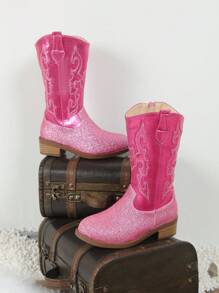 Um Par de Botas para Meninas - Botas de Cowboy Ocidentais Bordadas de Cano Alto/Média Altura, Bico Fino, Zípers Laterais, Saltos