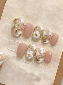 10 piezas Decoraciones de uñas vintage elegantes de estilo chino con relieve floral 3D en forma oval, para aplicar sobre las uñas, suministros para uñas - Multicolor - Ver 7