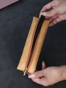1pc Black/Brown/White/Pink Faux Leather Paper Pencil Case, Creative Zipper Closure Foldable Strap Design Large Capacity Durable Portable Stationery Storage Bag Suitable For Business Office, Students Back To School, Notebook, Planner, Books - Multicolor - View 2