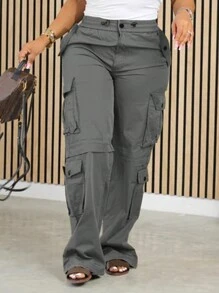 Chicsale Womens Cargo Pants With Large Pockets Streetwear Style Comfortable Fit And Versatile Design Ideal For Casual Outings And Everyday Wear Perfect For Fashion Forward Women - Xám - Xem 2