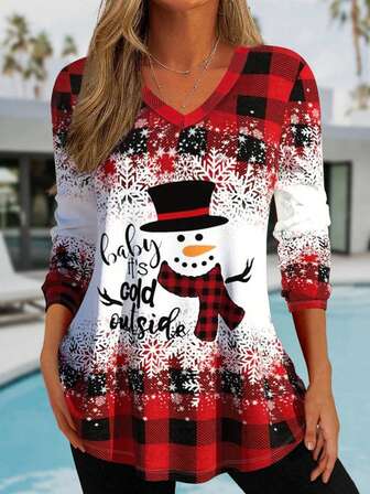 Kvinnor jul pläd snögubbe Print Casual T-shirt, höst & vinter