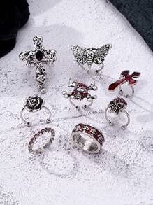 8pcs Gothic Vampire Rings Jewelry Set, Bloody Cross & Skull Rings (For Women) - Multicolor - View 2